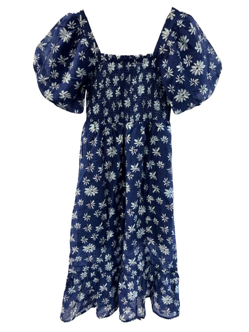 THML Navy White Floral Smocked Puff Sleeve Cottagecore linen blend Midi Dress - Picture 2 of 16